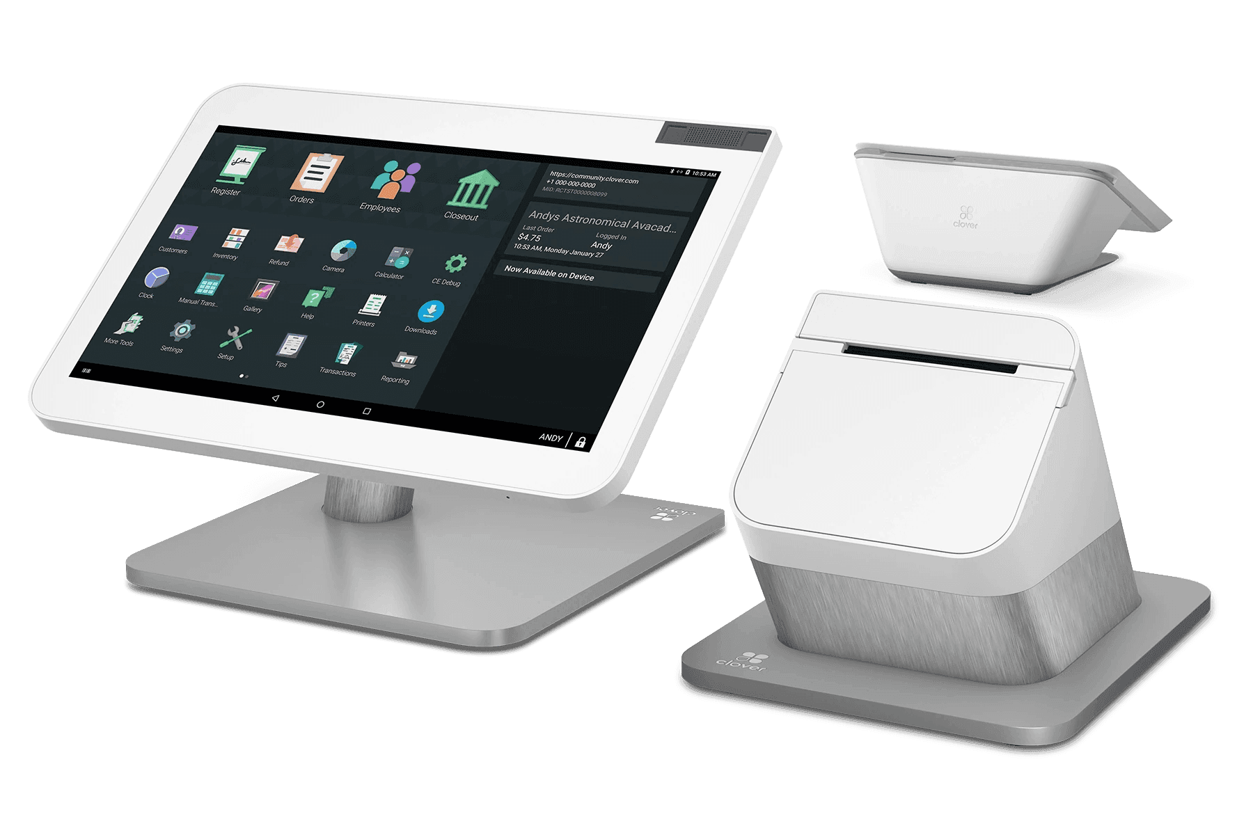 A modern point-of-sale system with a touchscreen display, receipt printer, and card reader.